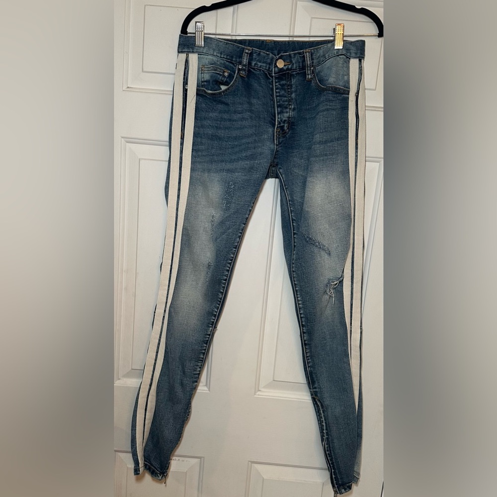 MNML SKINNY BUTTON-FLY STRIPED SIDE ANKLE-ZIP STRETCH‎ DENIM BLUE JEANS 31W/32L.